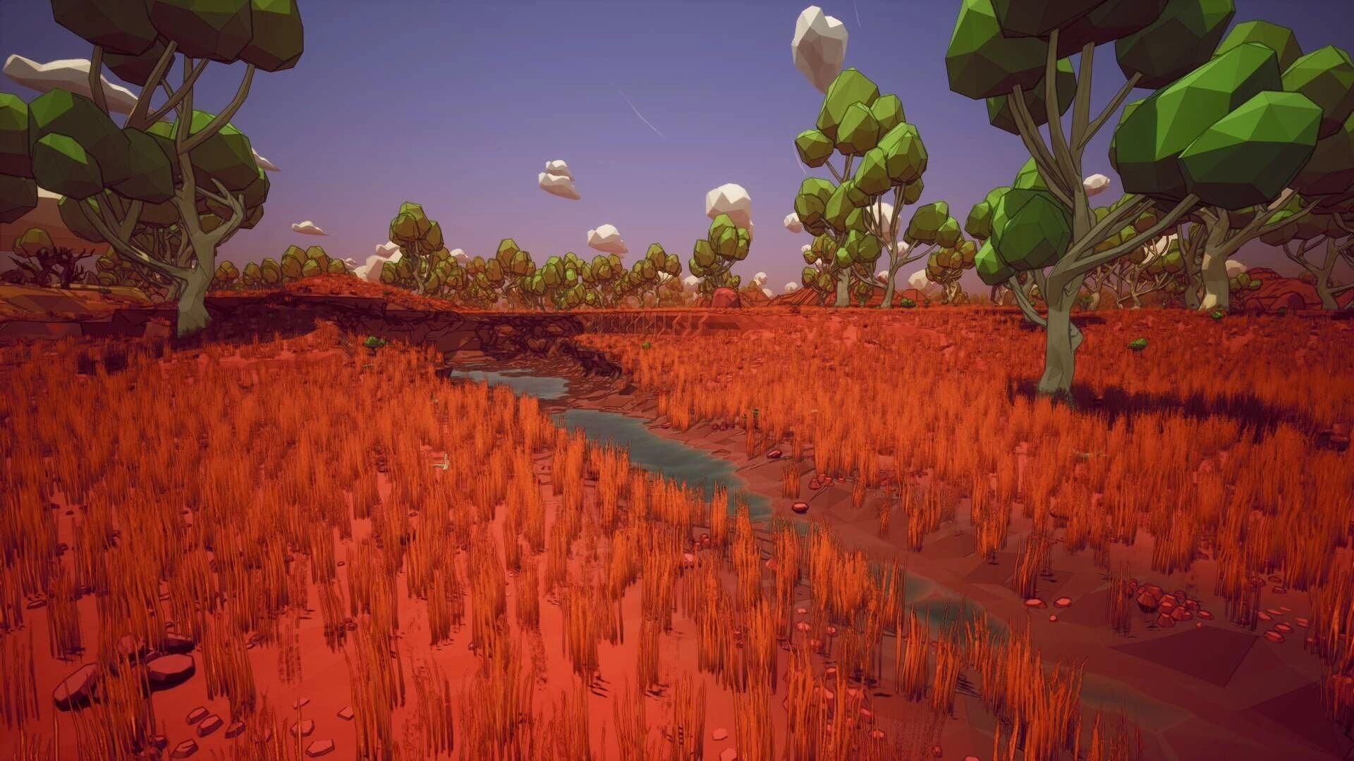 Planetation: Scenic view of a winding creek through red grassland with stylized trees at dusk.