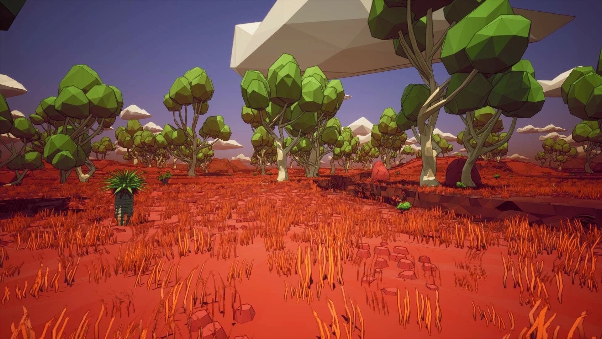 Planetation: Exploring a red alien forest with low-poly trees and tall grass under cloudy skies.