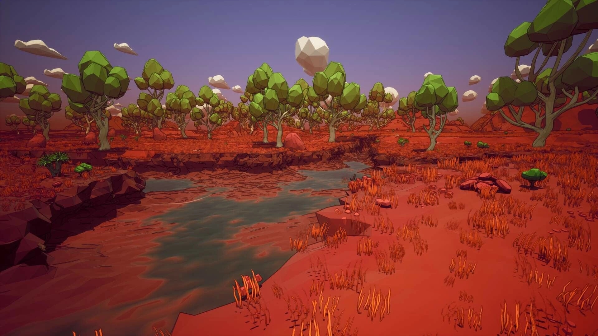 Planetation: Wide view of a winding river through red terrain with low-poly trees under cloudy sky.