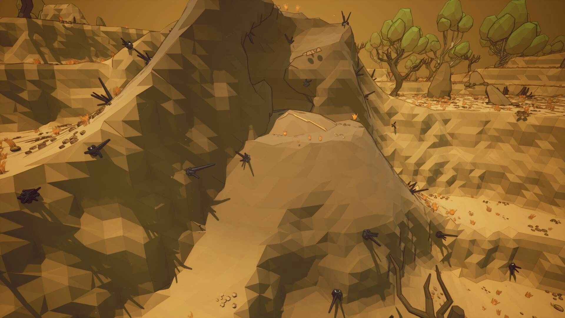 Planetation: Rocky canyon with scattered black alien spikes and sparse trees in a dusty landscape.