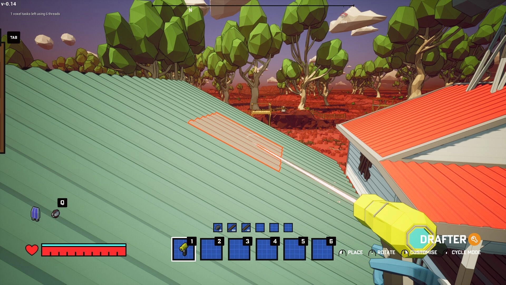 Planetation: Placing a roof panel in DRAFTER mode atop a farmhouse roof overlooking red forest biome.