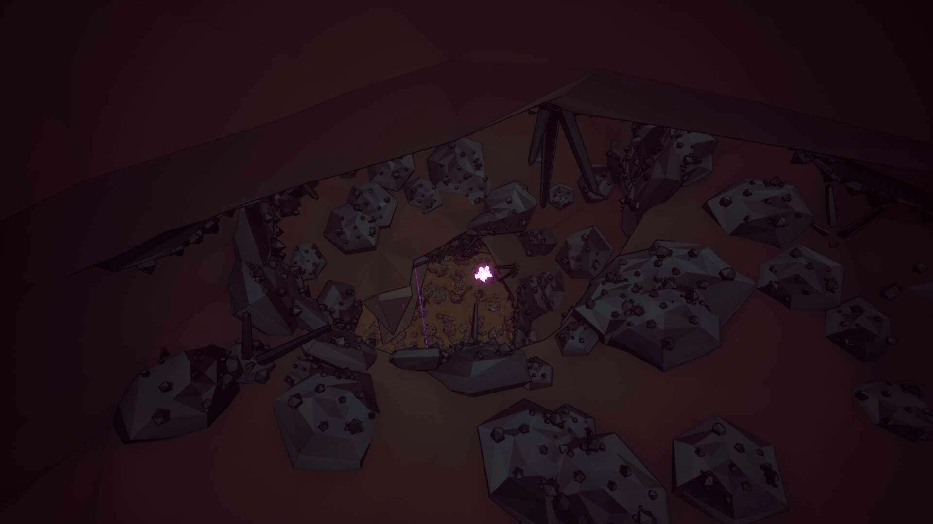 Planetation: Glowing pink flare marks a small pit amid jagged rocks in a dim underground cavern.