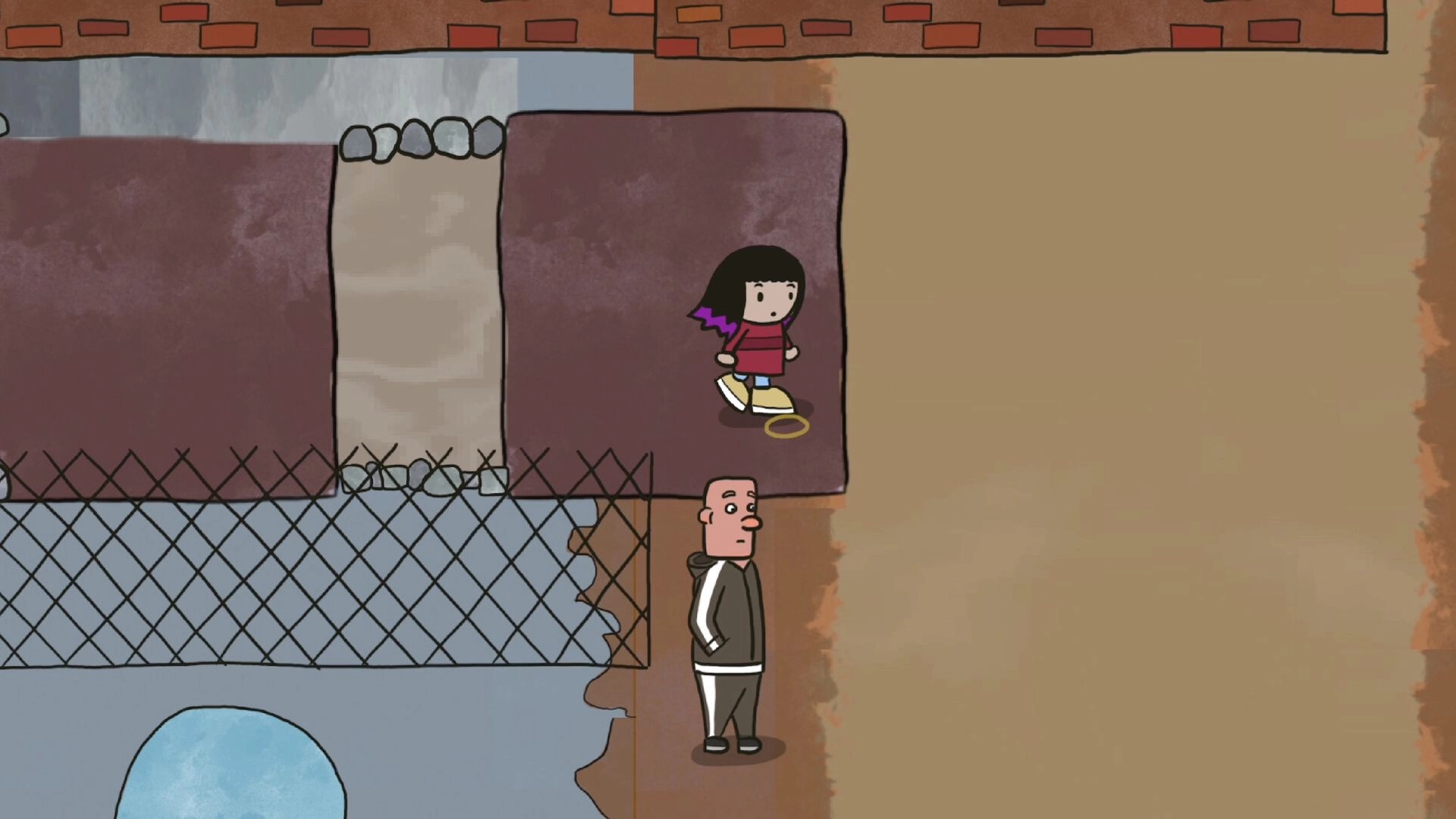 Plant Everywhere: Girl with shovel stands on pavement near chain-link fence and a man by dirt path.