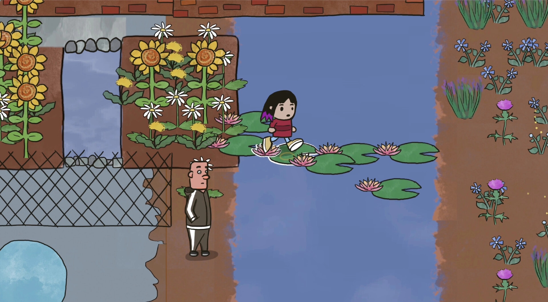 Plant Everywhere: Player walks on lily pads past a man by a canal, with sunflowers and wildflowers nearby.