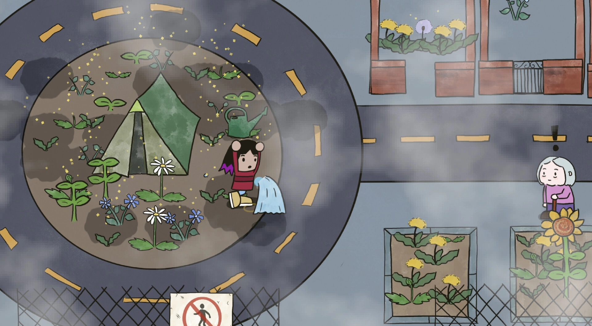 Plant Everywhere: Player waters wildflowers by a tent in a road roundabout, elderly NPC nearby.