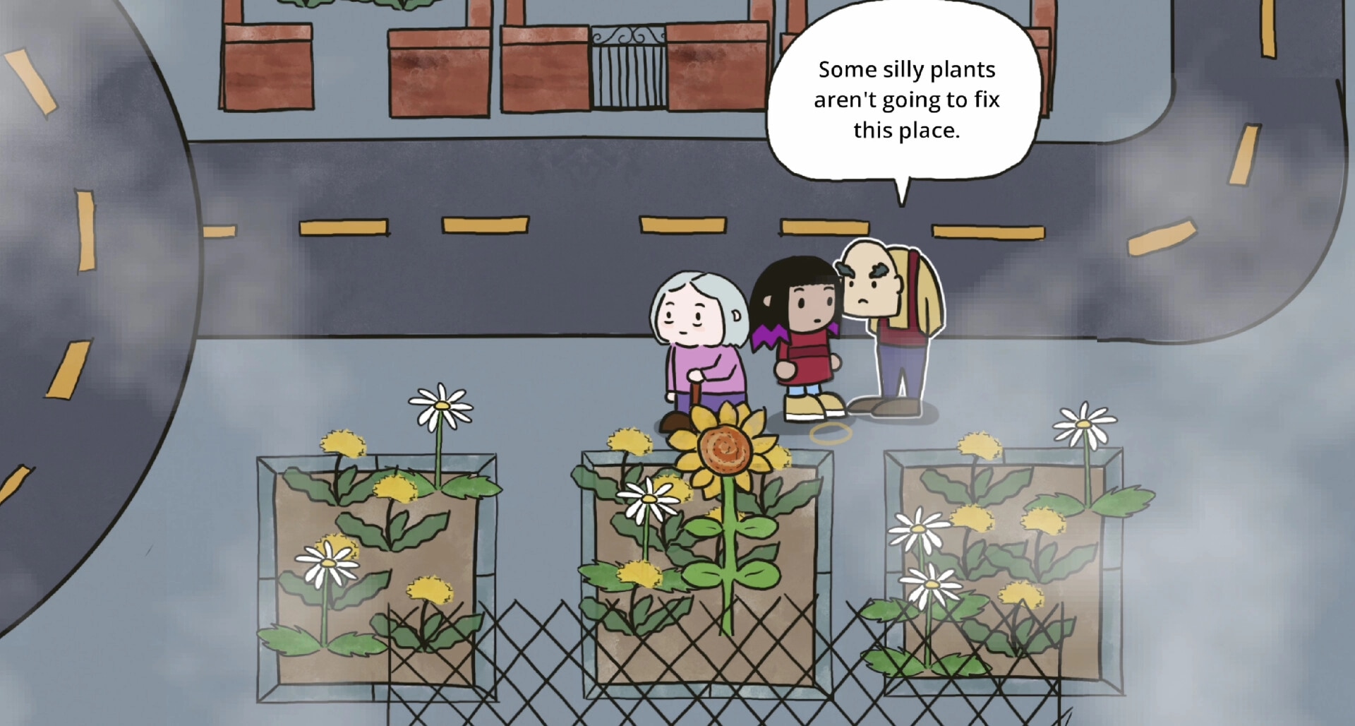 Plant Everywhere: Three residents talk by street planters of daisies and a sunflower on a foggy road.