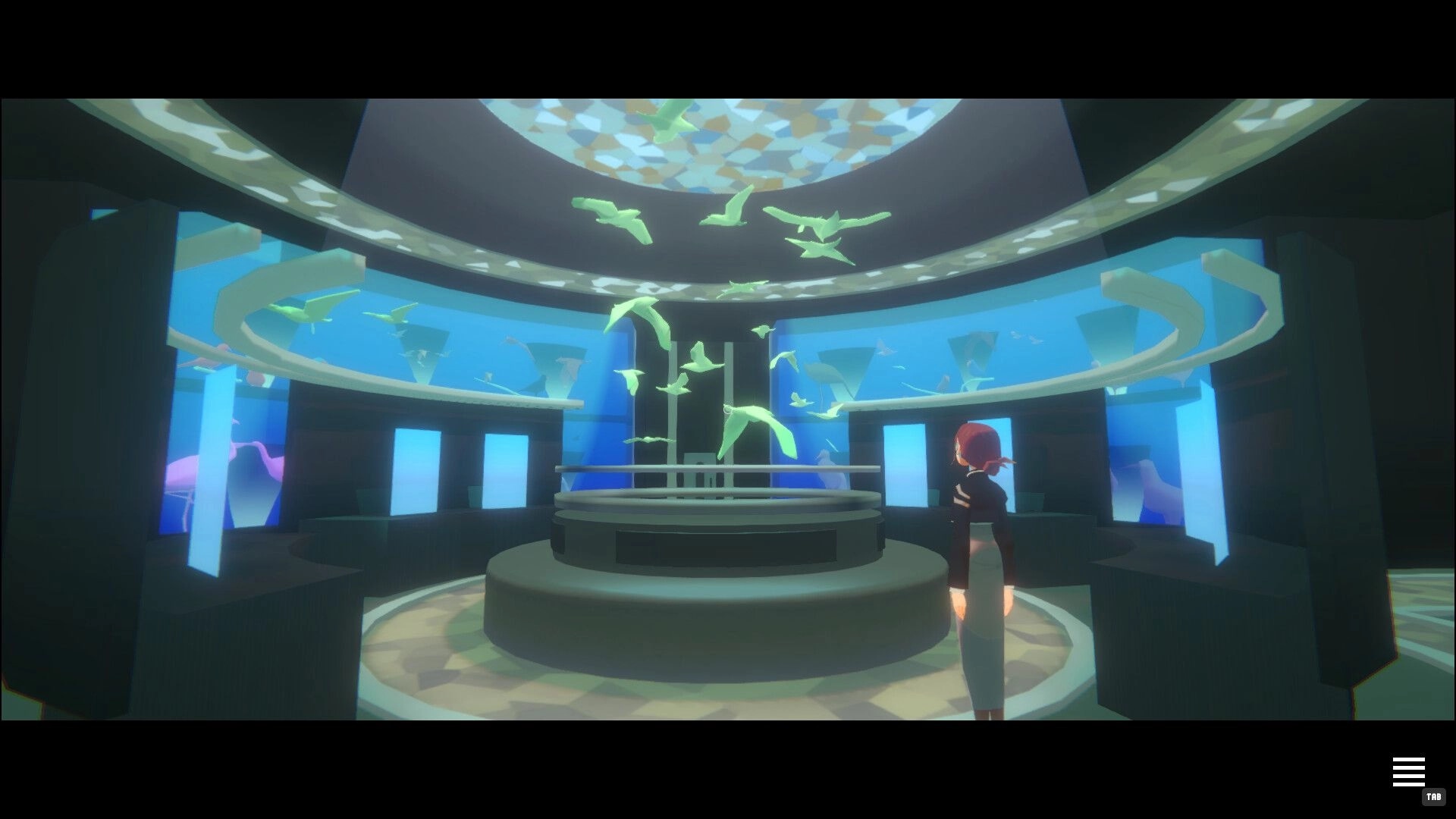 PLATONICA SPACE: Red-haired woman explores circular aquarium hall with birds swirling above central tank.