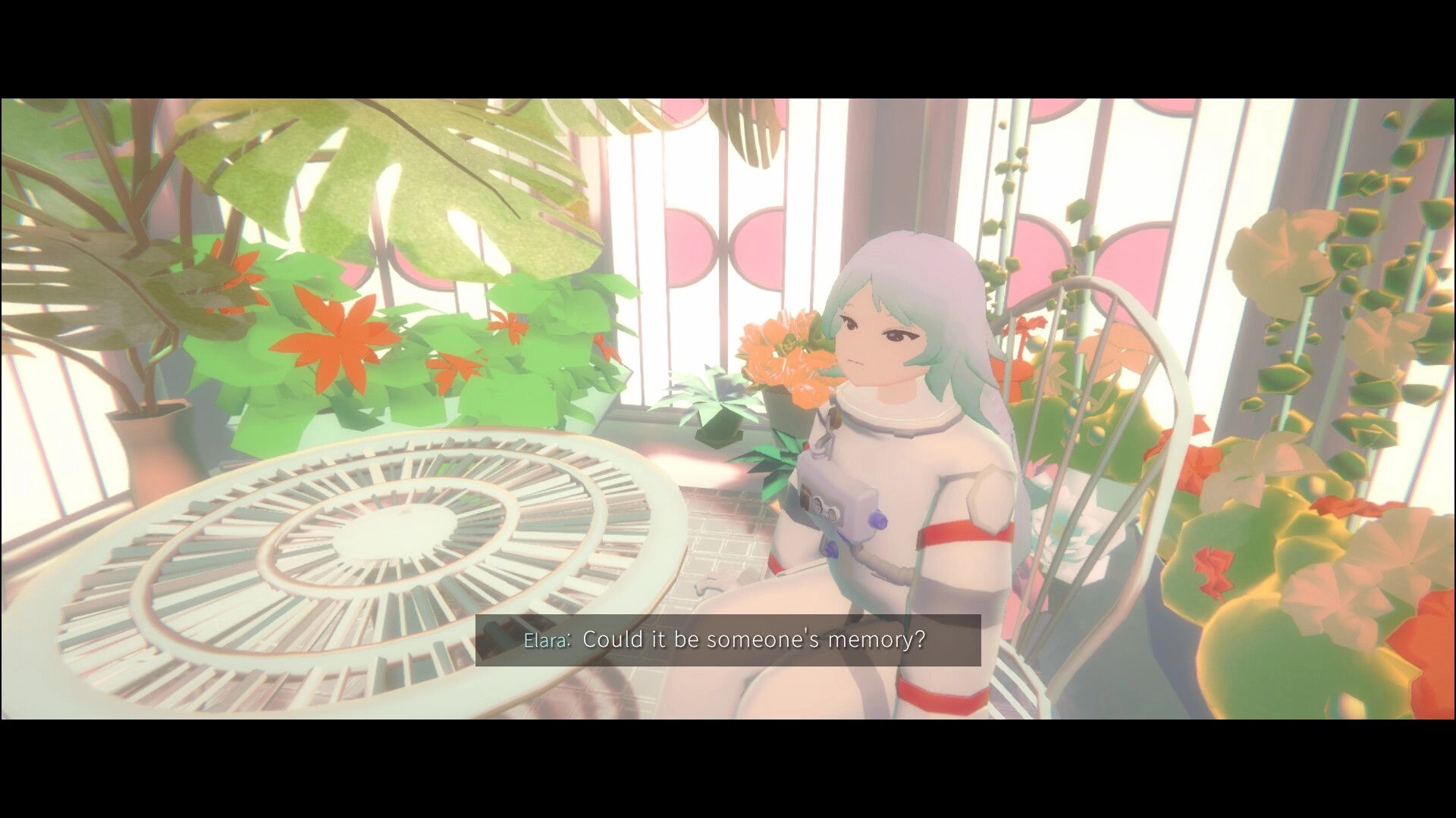 PLATONICA SPACE: Elara sits by a round patio table in a bright greenhouse, dialogue subtitle visible.