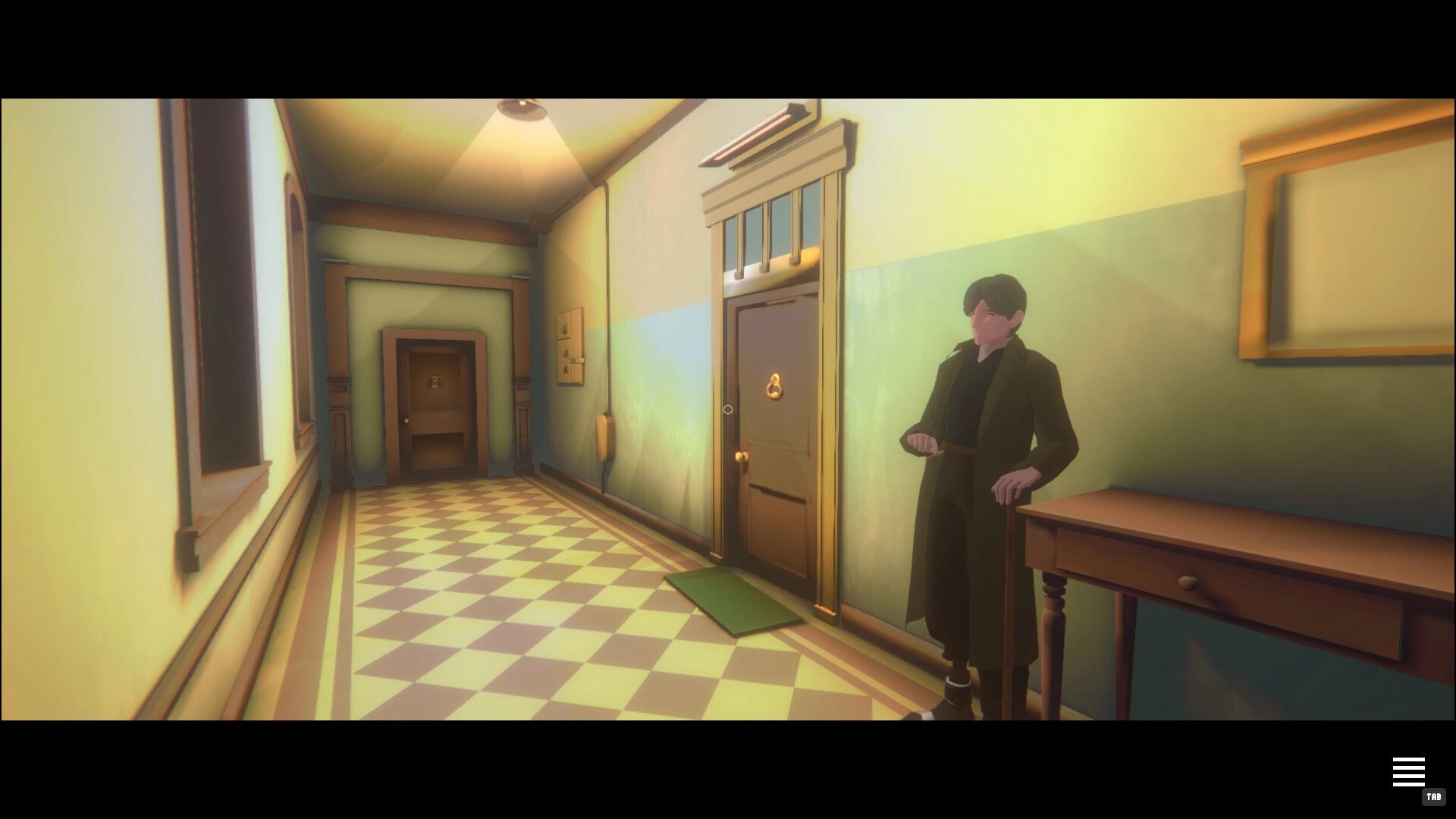 PLATONICA SPACE: First-person view of a hallway with doors and a man standing by a table.