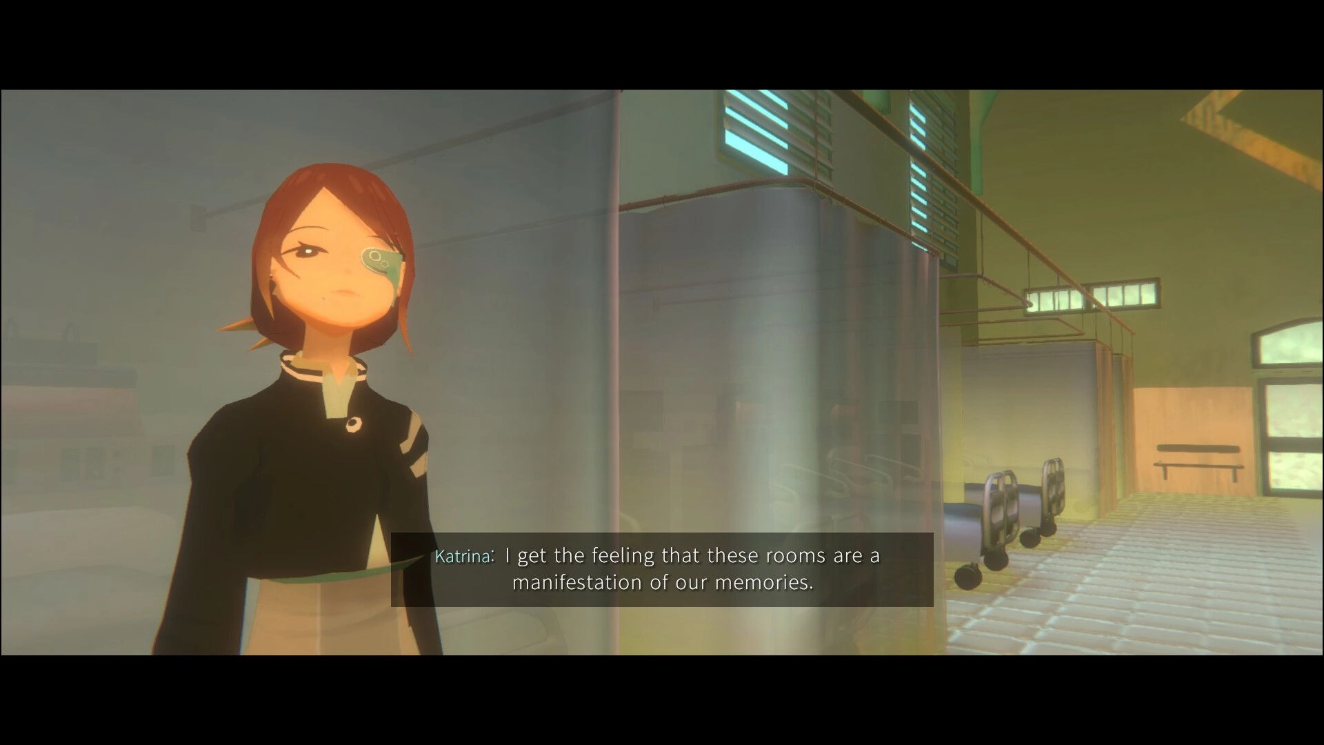 PLATONICA SPACE: Katrina speaks via subtitle in a hazy hallway with windows, carts, and railings.