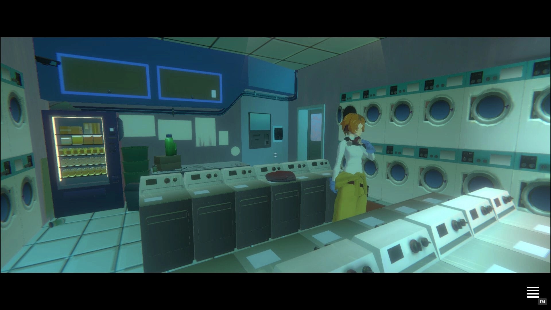 PLATONICA SPACE: First-person view of a woman in a laundromat lined with washers and dryers.