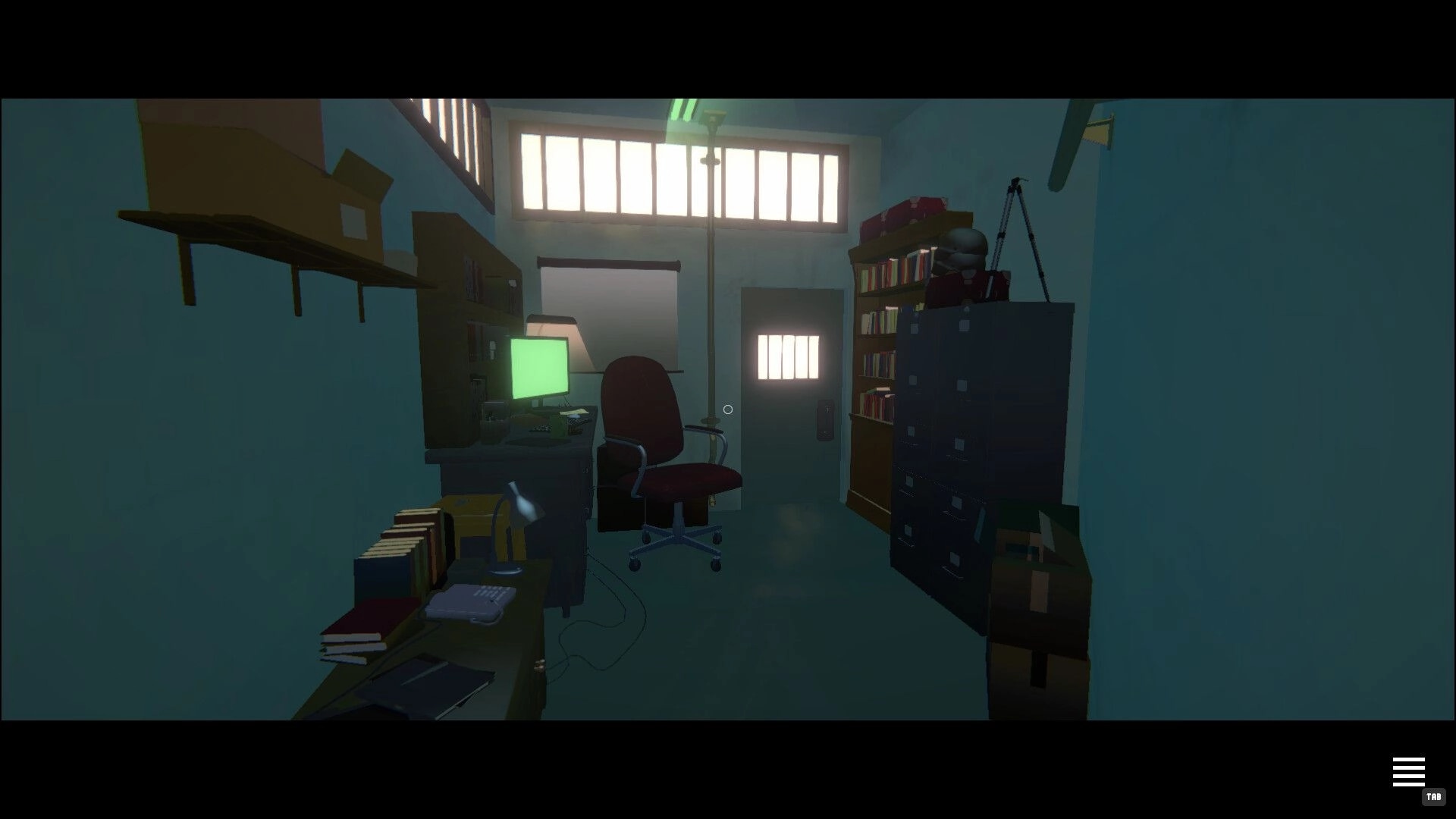 PLATONICA SPACE: First-person view of a small office with desk PC, chair, shelves, and a door ahead.