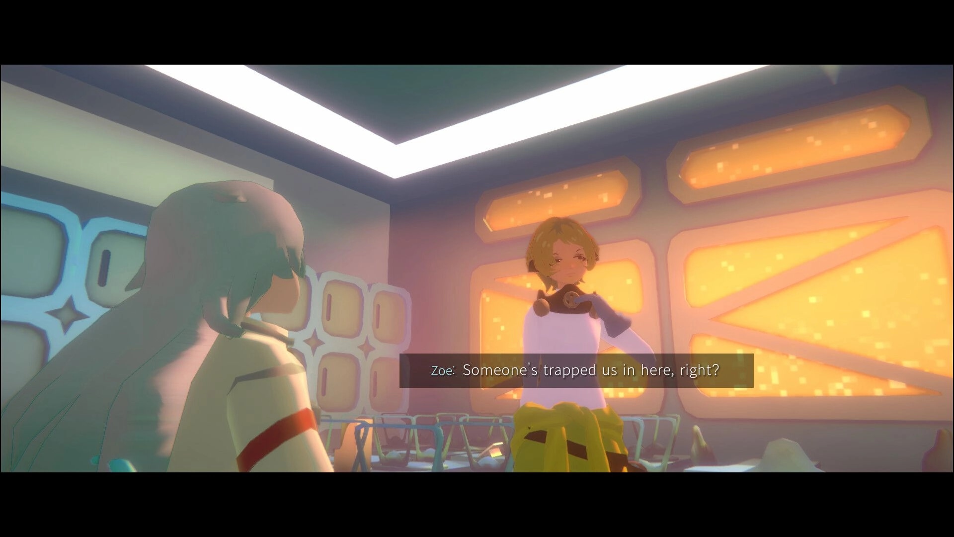 PLATONICA SPACE: Dialogue scene with Zoe speaking to another girl in a glowing sci-fi room interior.