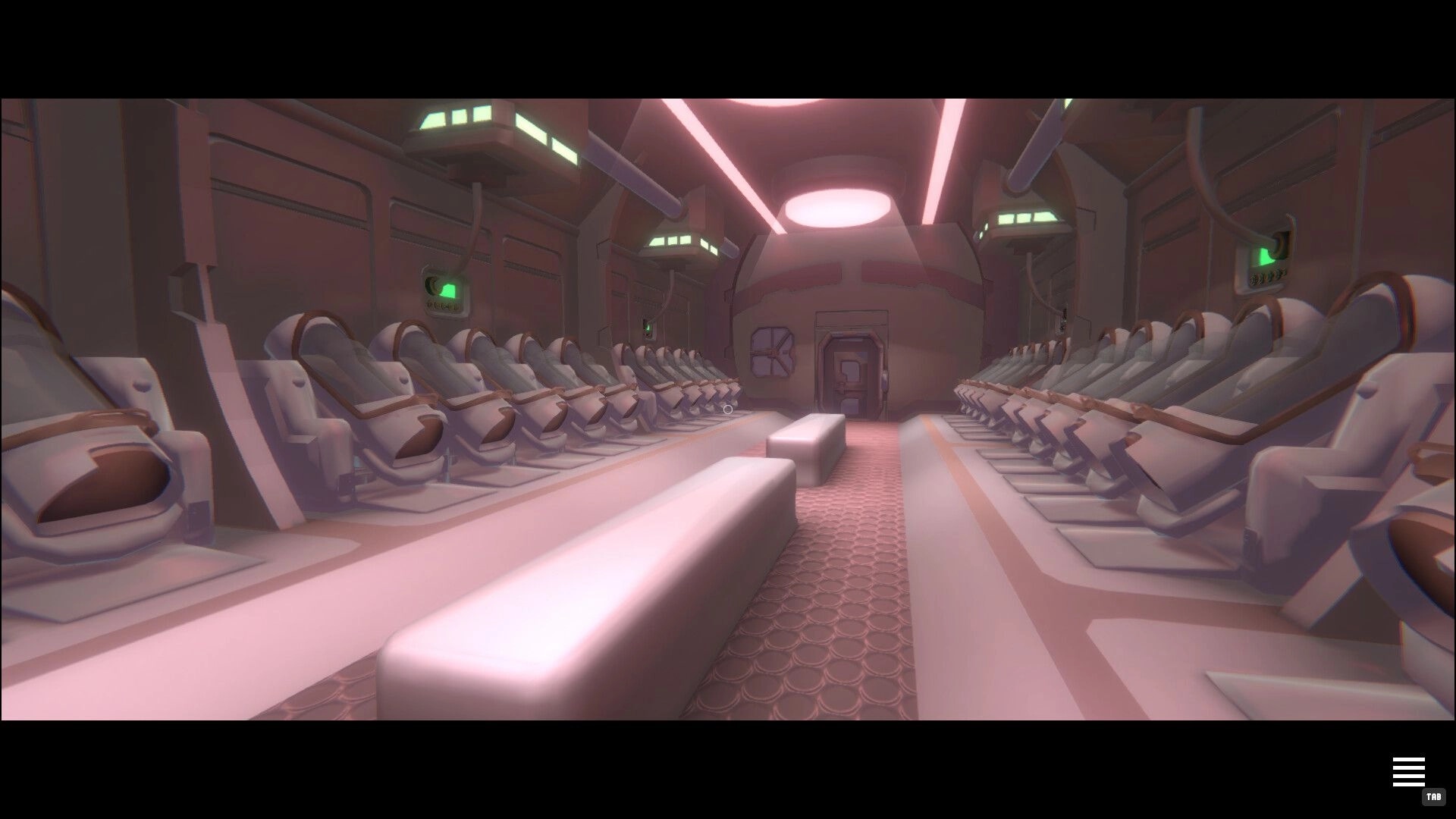 PLATONICA SPACE: First-person view down a spaceship cabin with rows of seats and a door ahead.