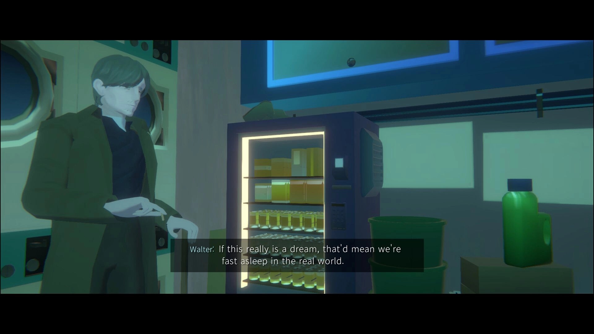 PLATONICA SPACE: Walter talks via subtitle beside a lit vending machine in a cramped room interior.