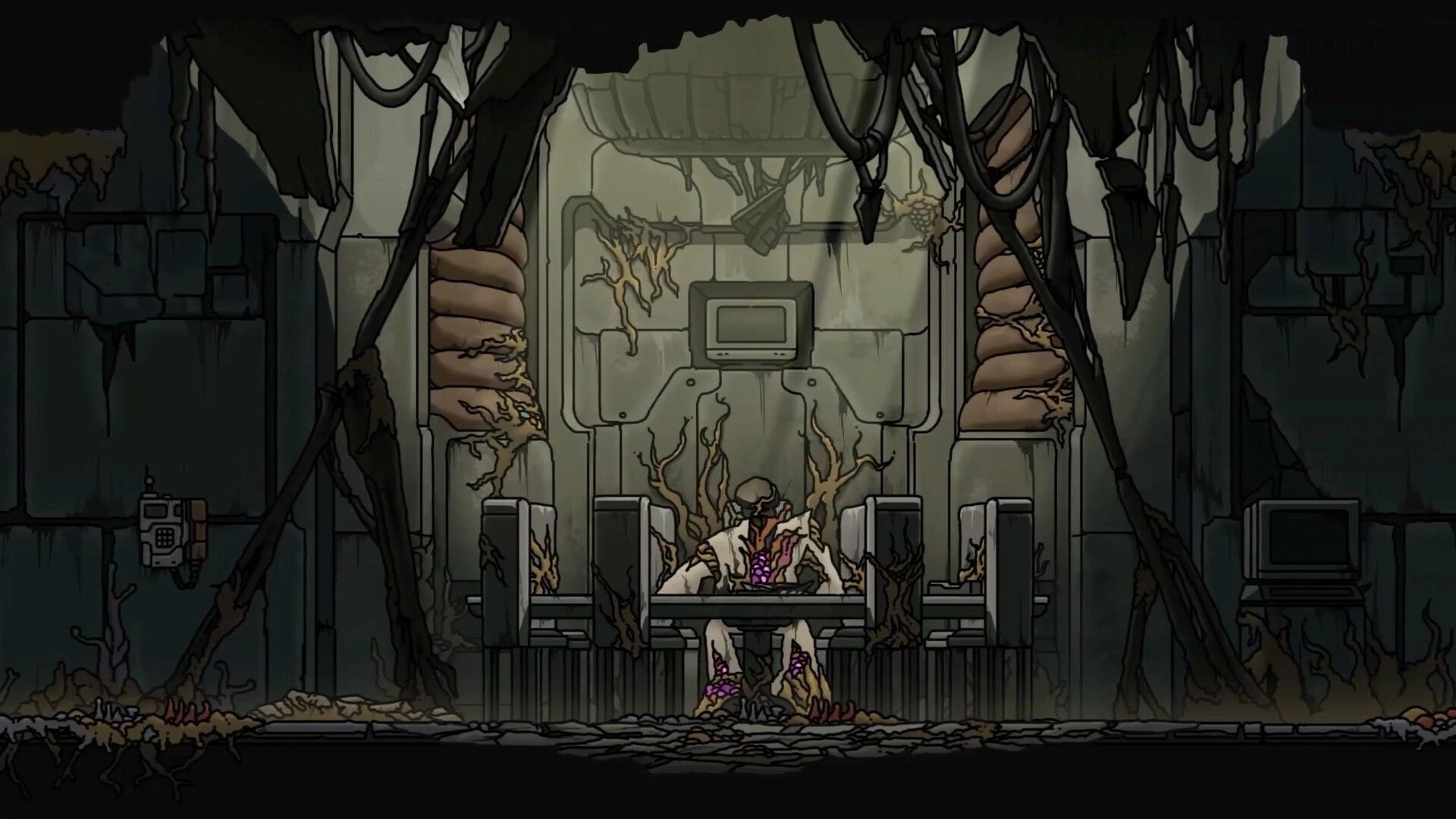 PlatyGuard: Lone survivor slumped on a bench in a vine-choked sci-fi bunker room with monitors.