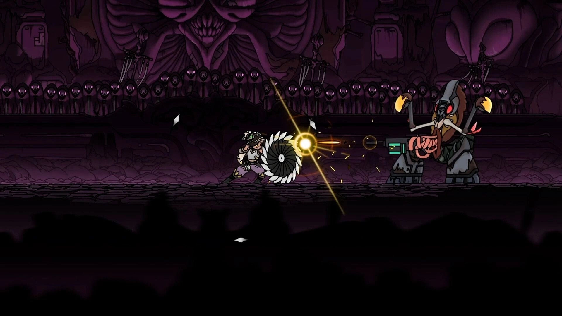PlatyGuard: Hero blocks a glowing shot with saw shield in a purple hive arena before a mutant boss.