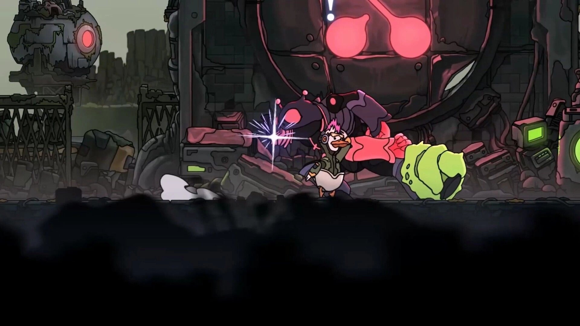 PlatyGuard: Duck hero punches a pink mutant in front of a giant red-eyed mech ruin backdrop.
