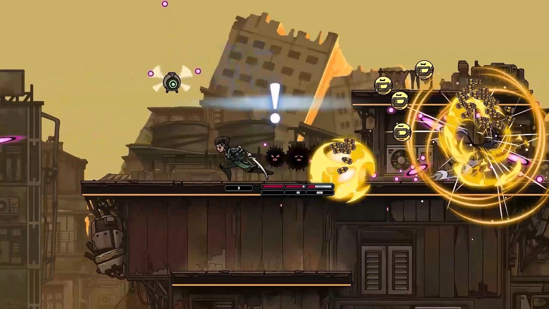 PlatyGuard: Player dashes on rooftop as drones and explosions fill screen in ruined cityscape skyline.
