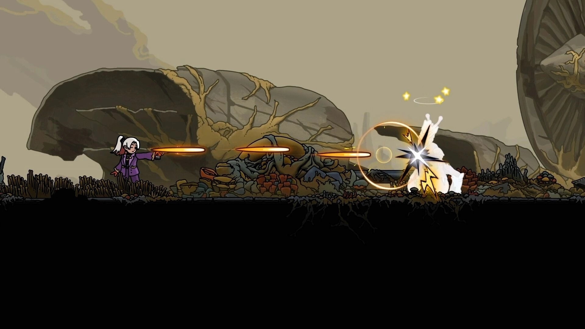 PlatyGuard: Purple-clad shooter fires orange shots at a white mutant beast in rocky wasteland ruins.