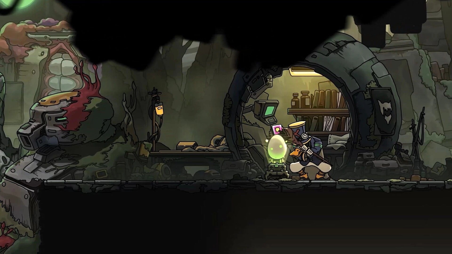 PlatyGuard: Duck-like soldier inspects glowing green pod beside a bunker library in ruins.