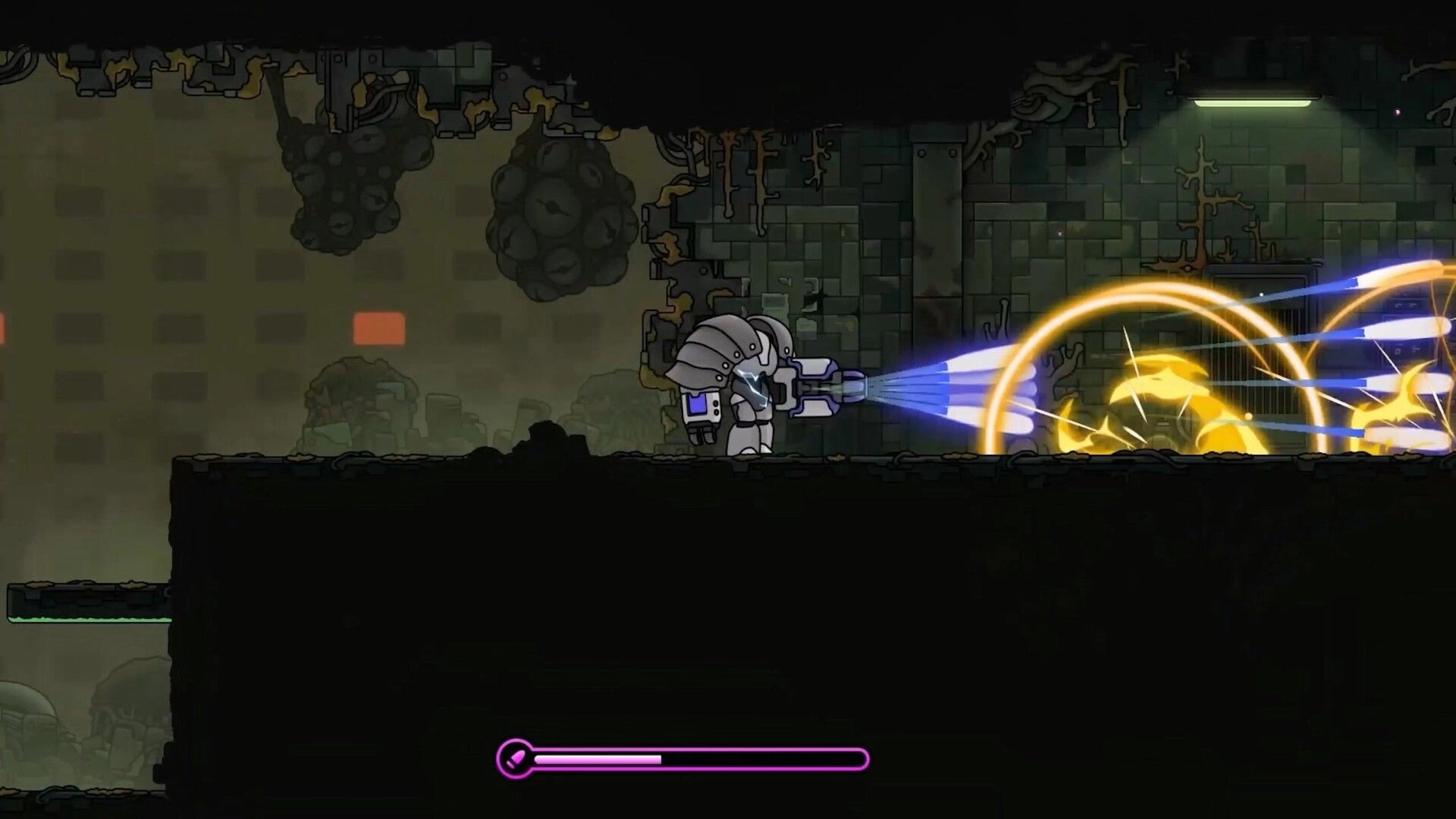 PlatyGuard: Armored soldier fires blue energy bursts at explosions in a dark ruined lab corridor.