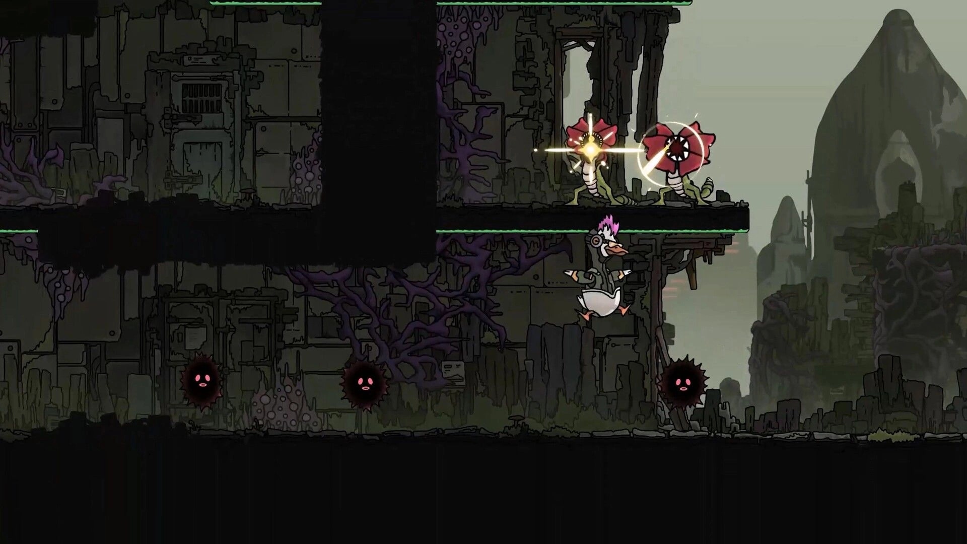 PlatyGuard: Platypus hero jumps between ledges past mutant flowers and shadow orbs in ruins.