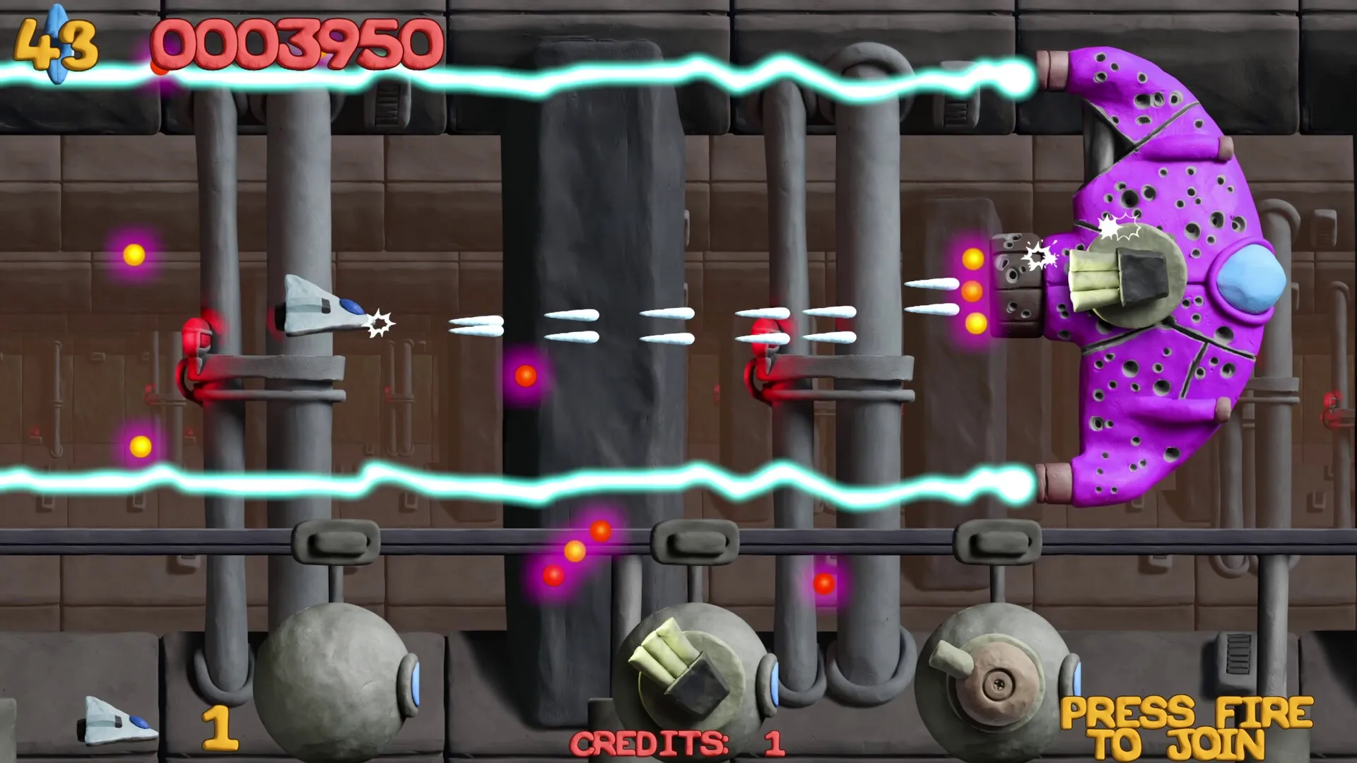 Platypus Reclayed: Spaceship battle against purple enemy in industrial setting with score and credits displayed