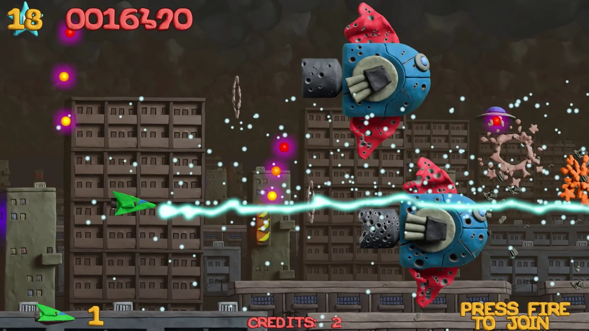 Platypus Reclayed: Green ship battles flying enemies with laser beams over cityscape background
