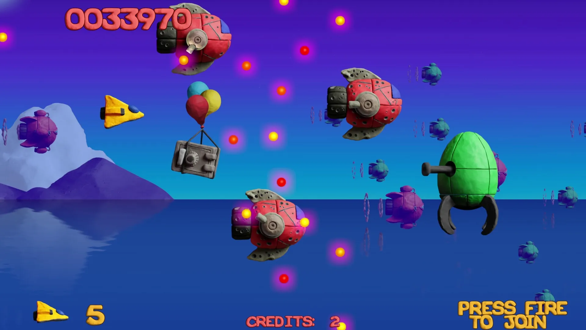 Platypus Reclayed: Yellow ship dodges red enemy fighters amidst colorful bullets over ocean scenery