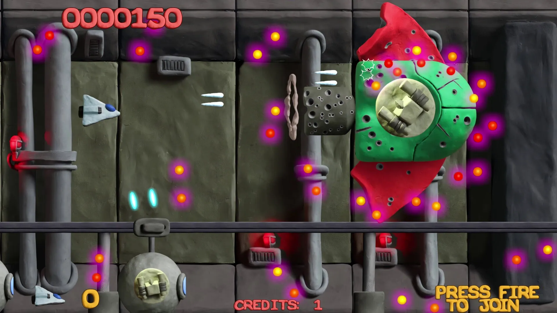 Platypus Reclayed: Player ship dodges enemy projectiles in industrial-themed arcade shoot 'em up level.