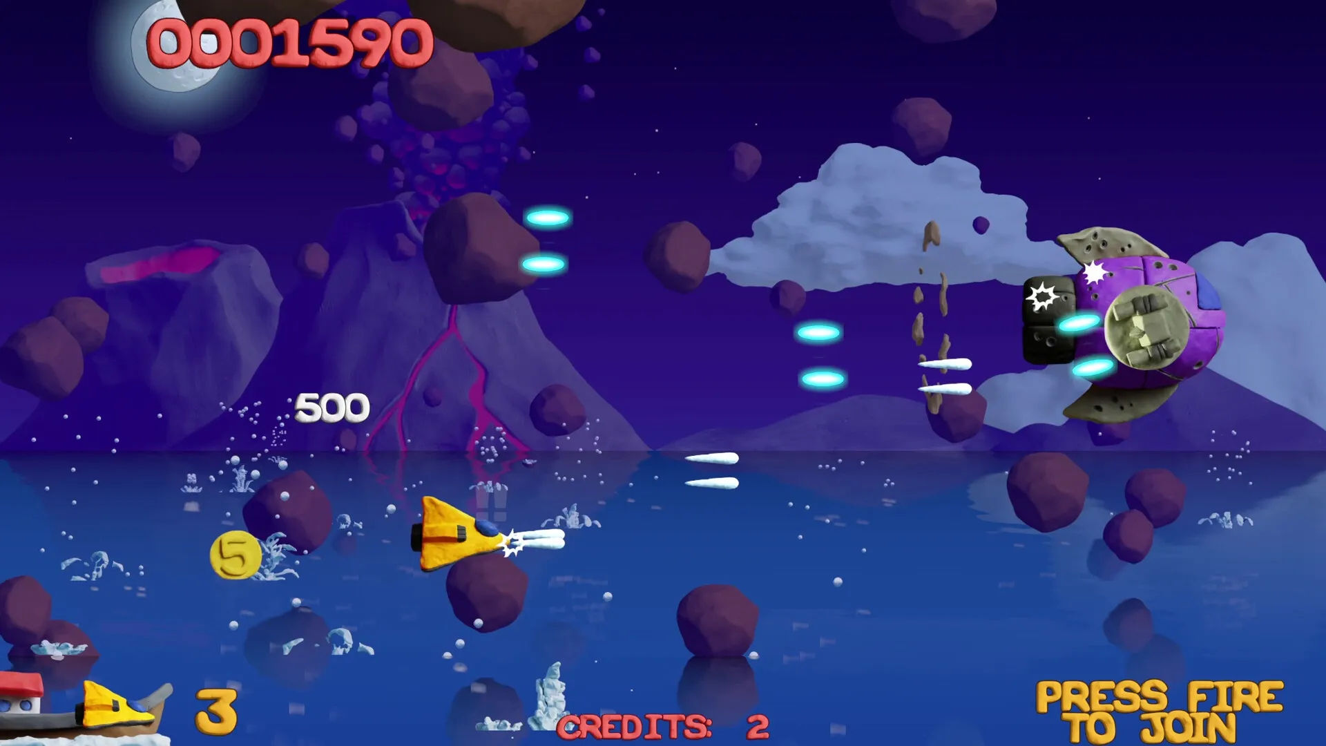 Platypus Reclayed: Yellow ship shooting at purple enemy amid asteroids over water with score display