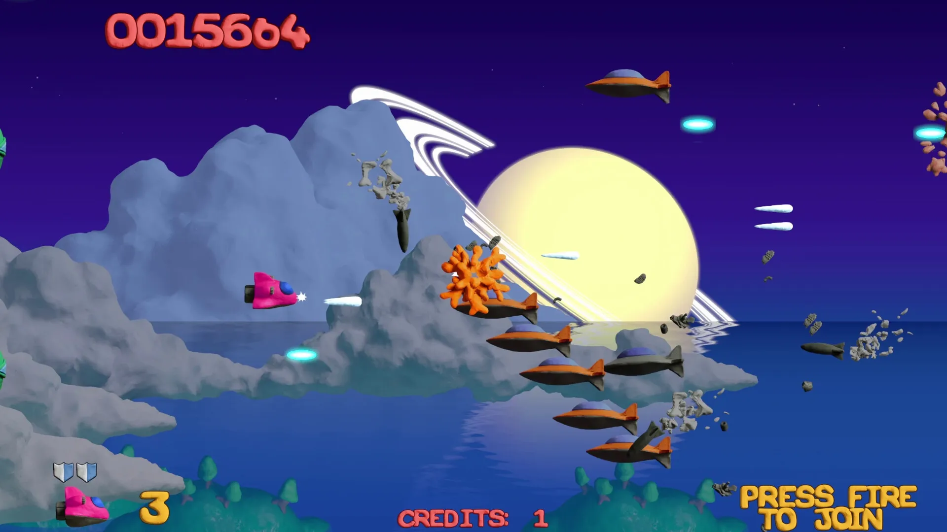 Platypus Reclayed: Pink spaceship battles enemies over a serene ocean with a large planet backdrop