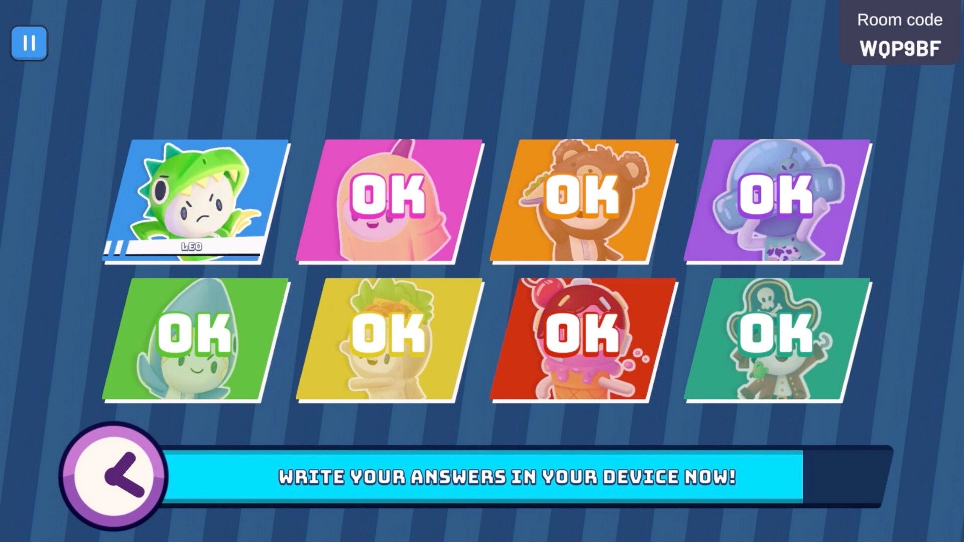 Play Friends: Character selection grid with avatars, room code, and "write your answers" prompt.