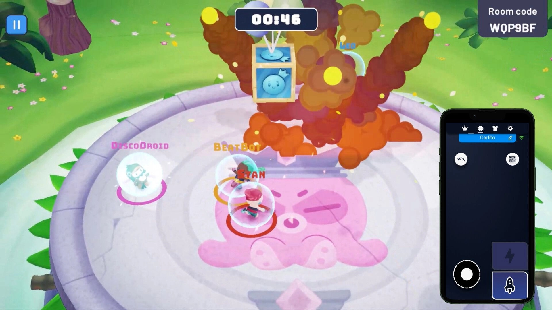 Play Friends: Characters in bubbles on pink platform, countdown timer at top, phone UI on right