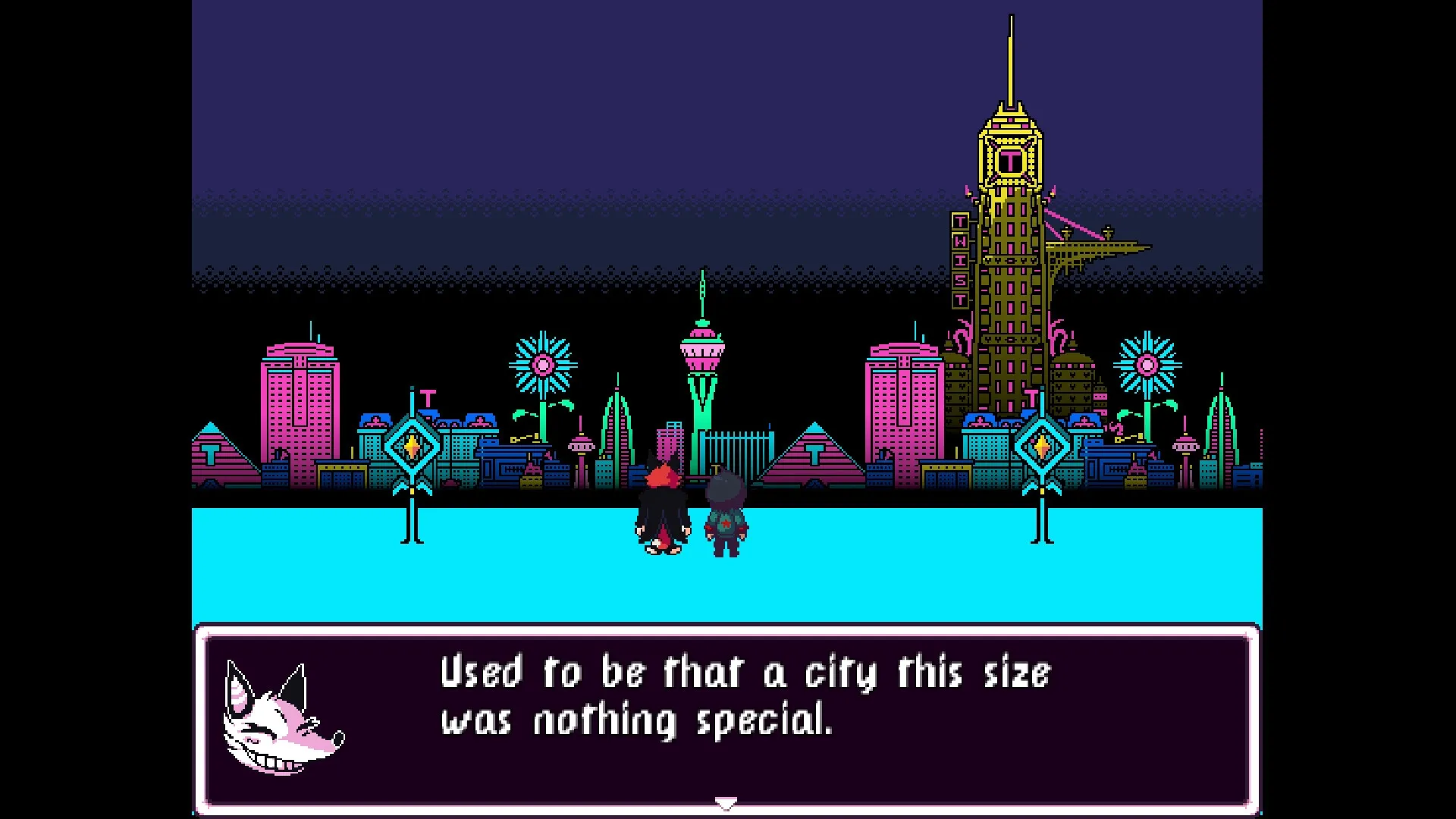 Play Rough: Two characters explore neon-lit cityscape with dialogue box at screen's bottom.