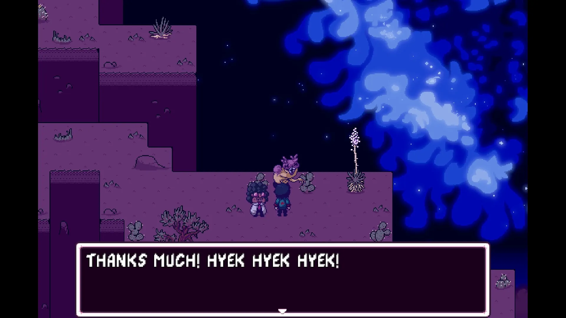 Play Rough: Two characters converse on a cliff with a glowing blue sky in the post-apocalyptic wasteland.