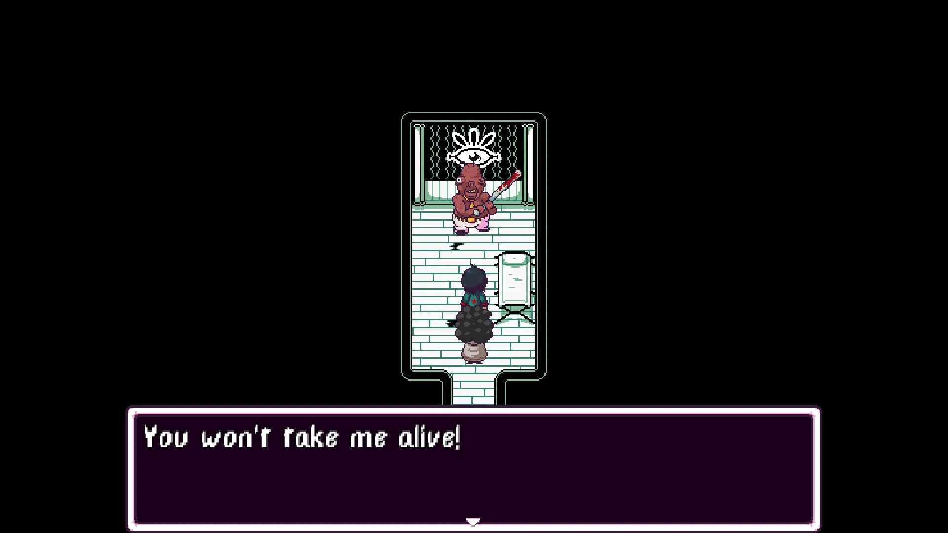 Play Rough: Confrontation with guitar-wielding character in eerie, striped room with dialogue box.