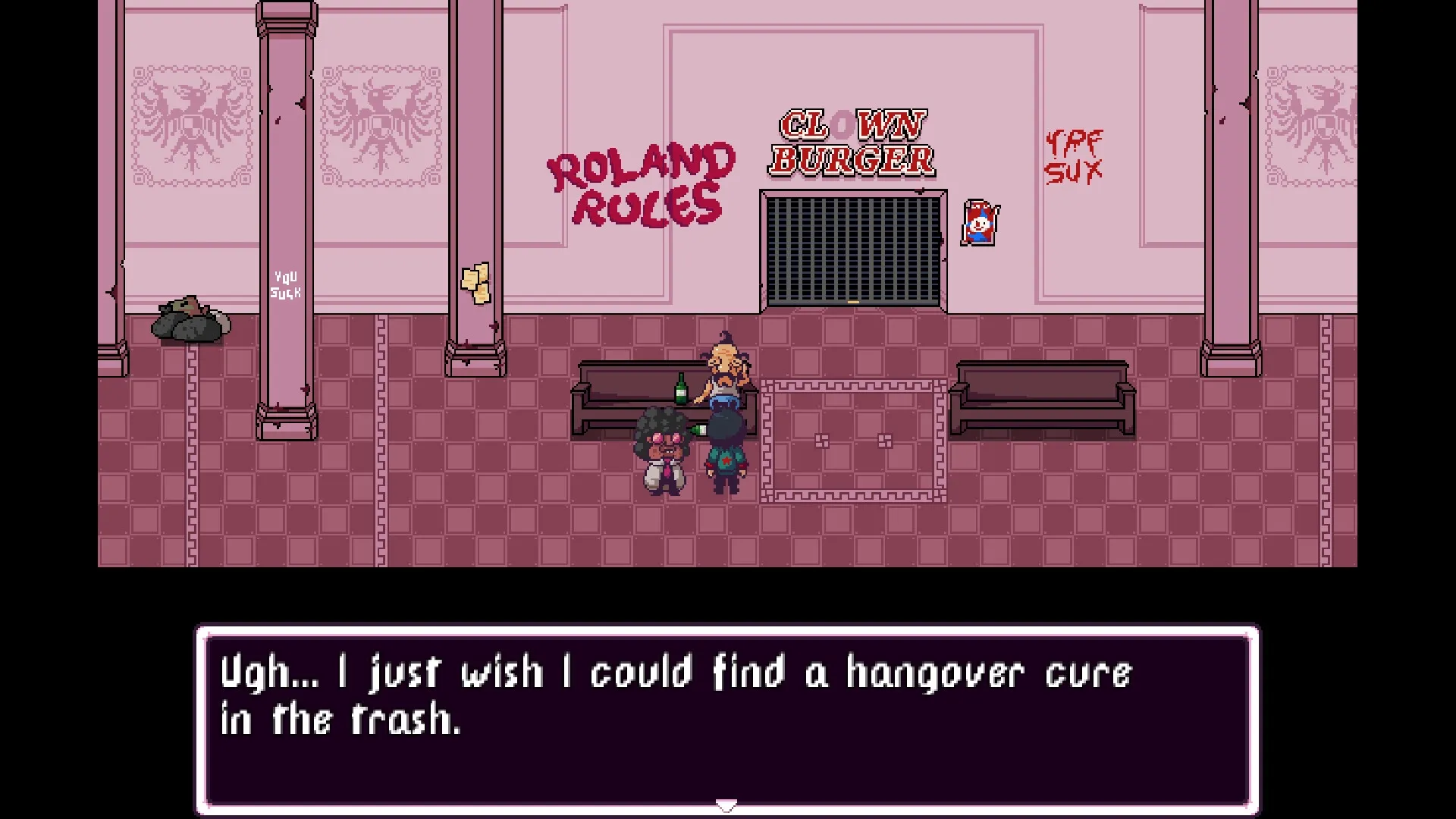 Play Rough: Two characters converse in a pink hallway with "Clown Burger" and graffiti on walls.