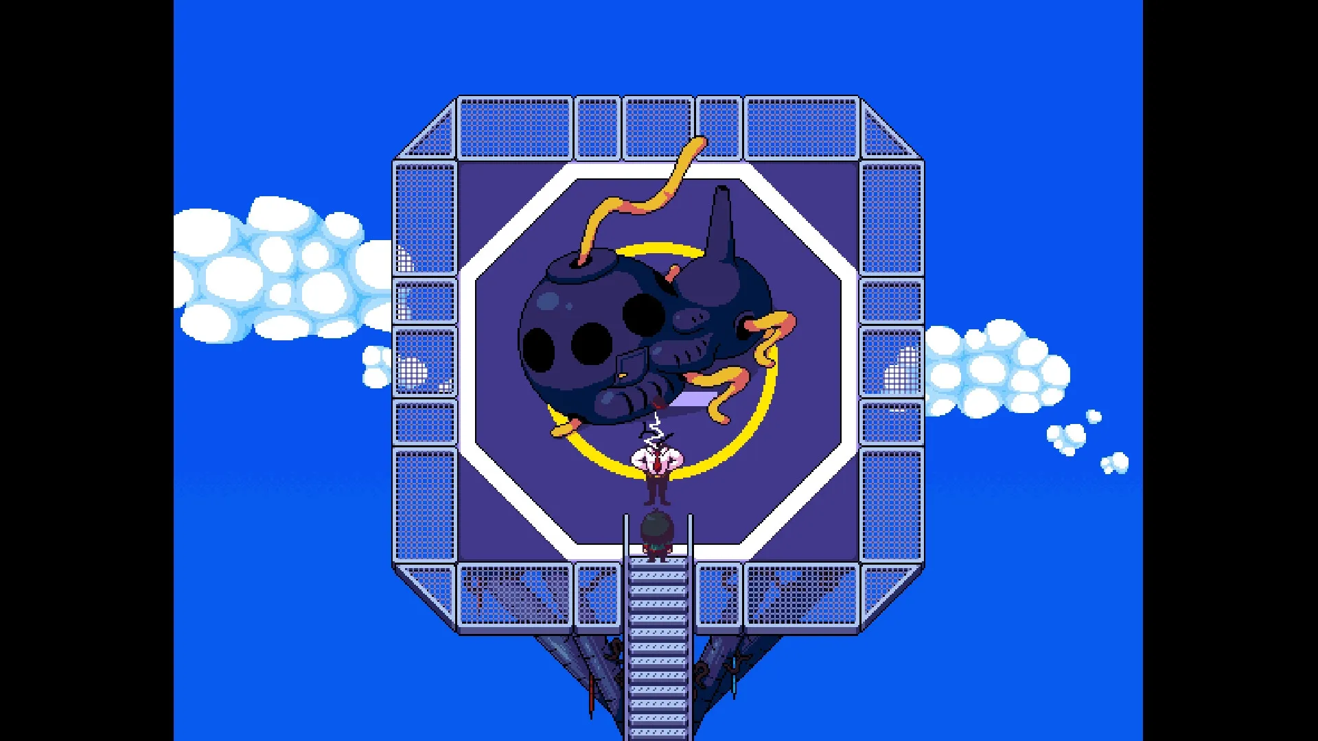 Play Rough: Character confronts large bomb creature on octagonal platform in a surreal sky setting