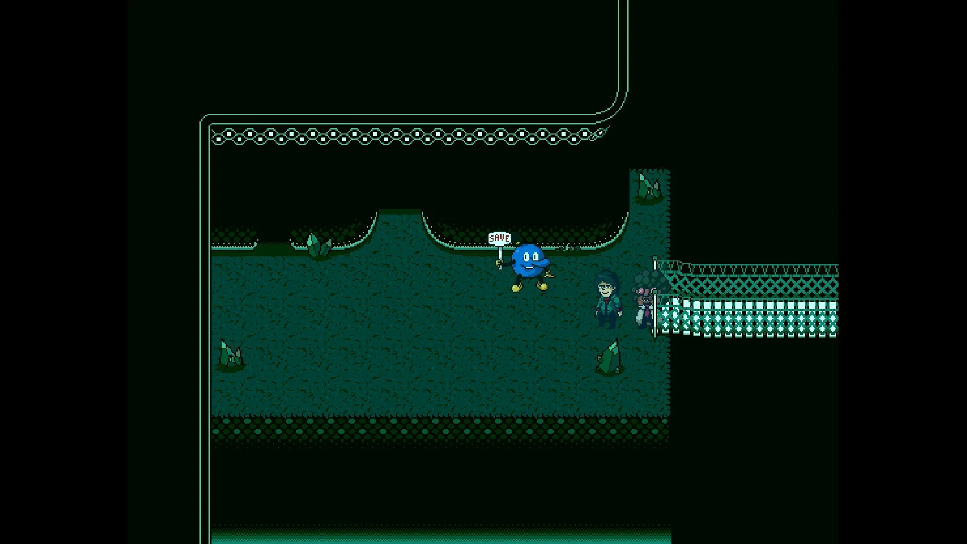 Play Rough: Blue character with "SAVE" sign in dark green cavern with two figures nearby