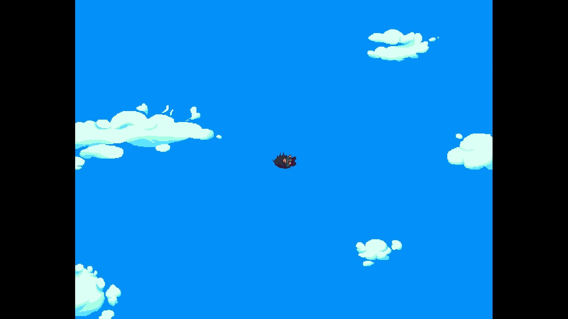 Play Rough: Character plummeting through bright blue sky with scattered fluffy clouds