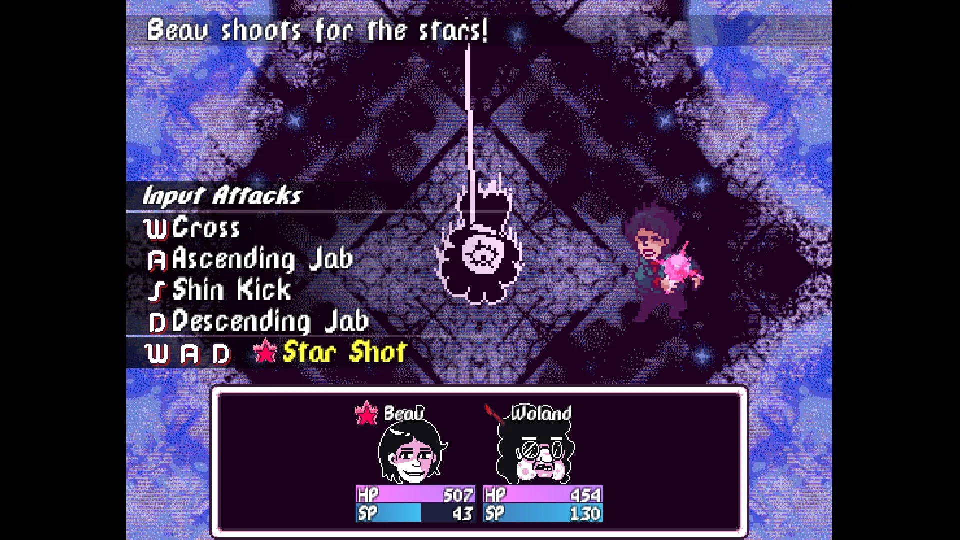 Play Rough: Beau performs Star Shot attack against shadowy creature in dark, surreal environment.