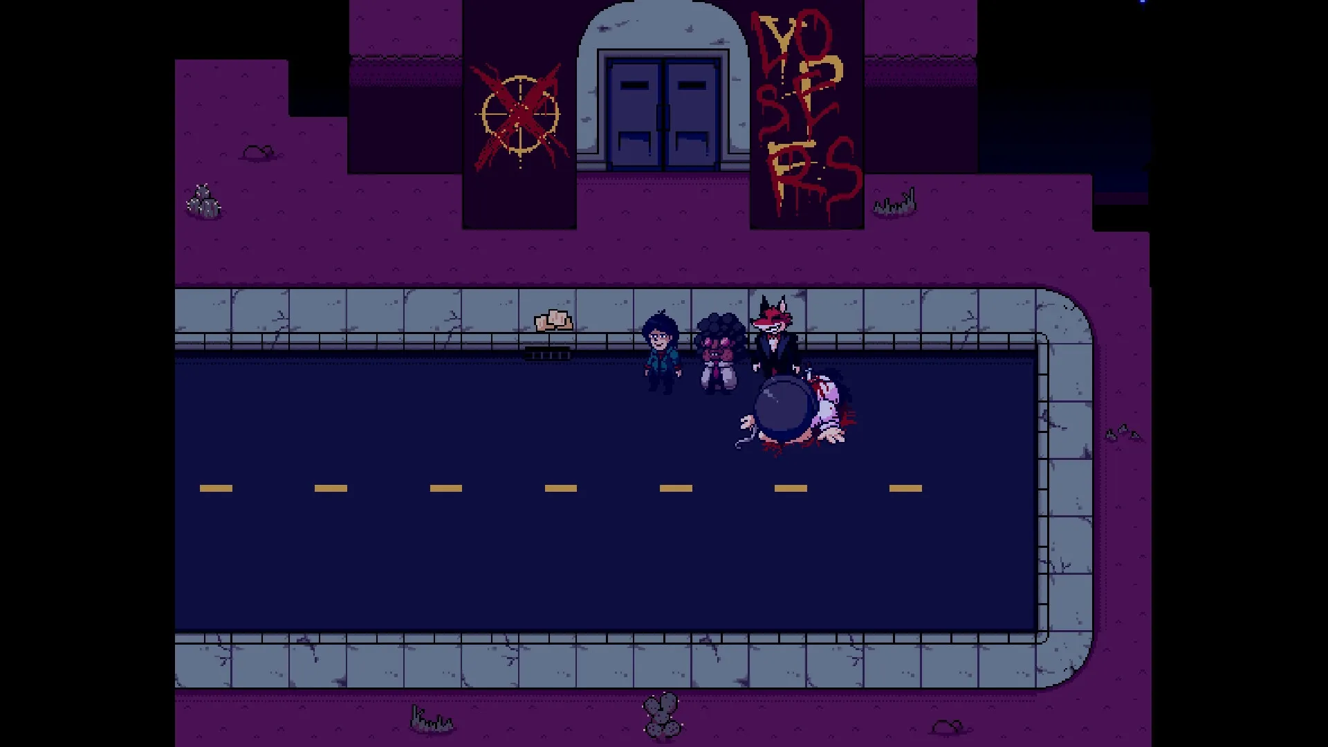 Play Rough: Characters stand on a desolate street near graffiti-covered building in post-apocalyptic setting.