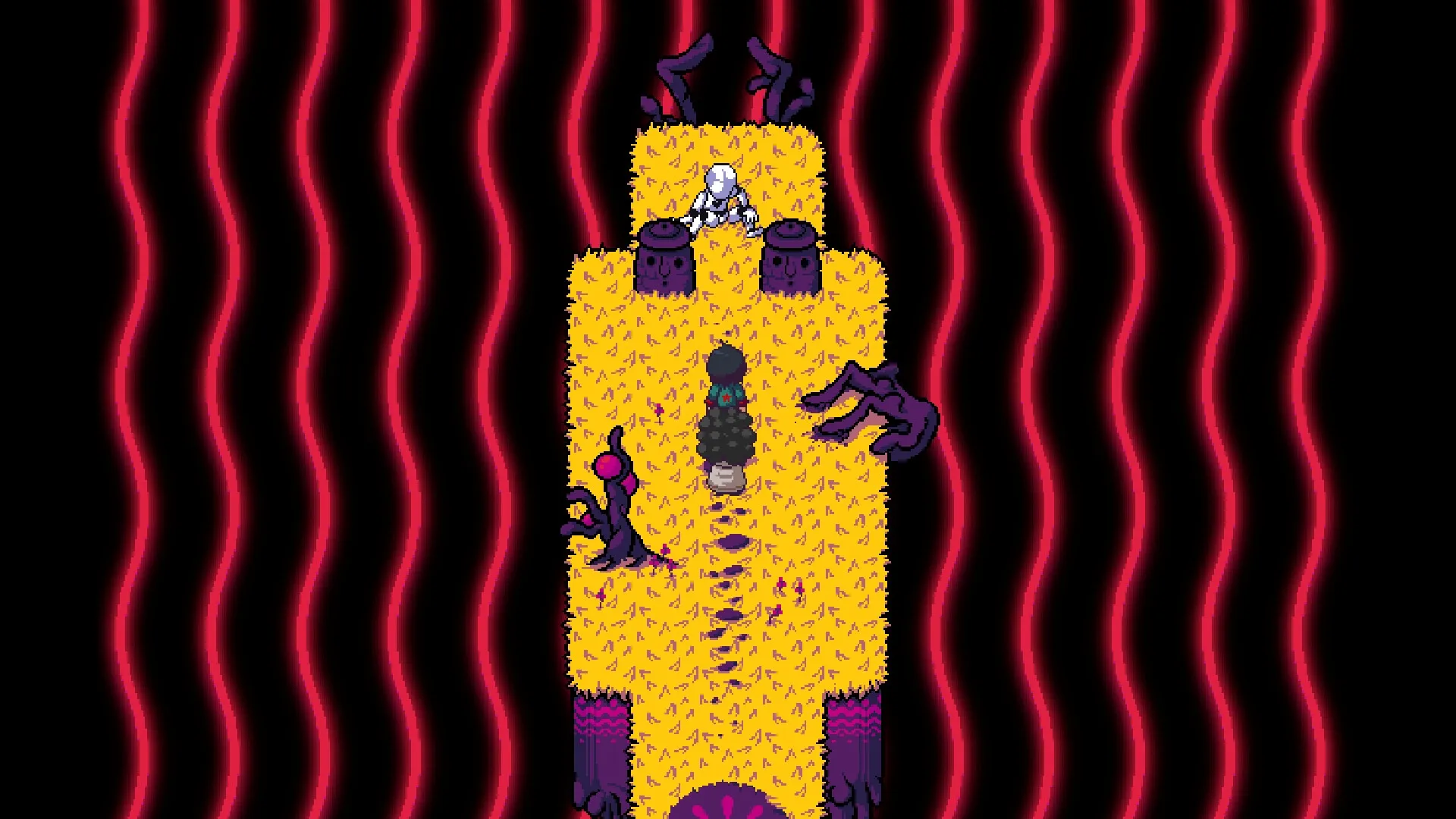 Play Rough: Character approaches a white figure on a yellow path, surrounded by dark, twisted shapes.