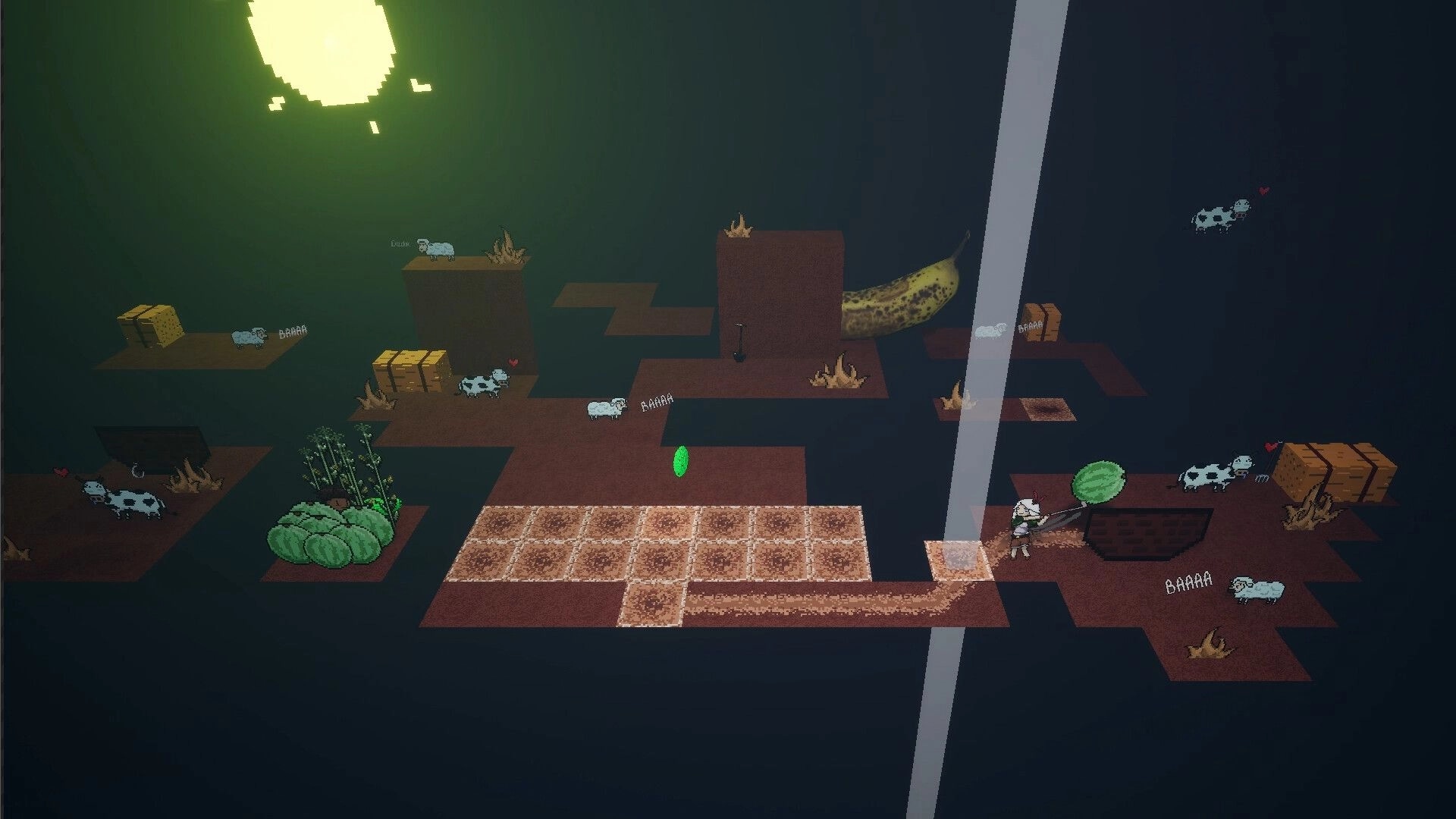 Please: Character exploring floating platforms with sheep, cows, and large banana under a glowing sun