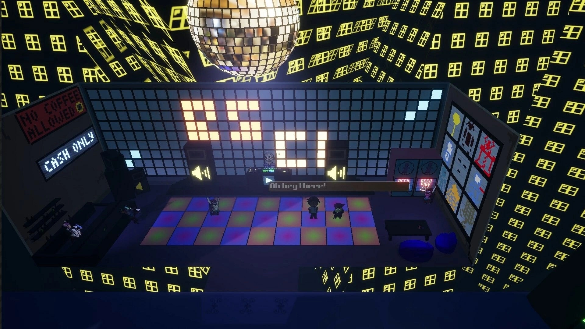 Please: Characters on a neon dance floor in a futuristic room with a large disco ball overhead