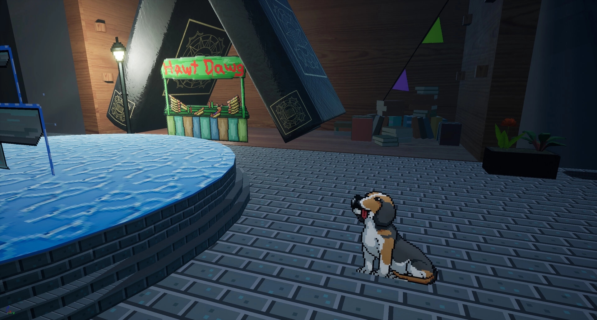 Please: Dog sitting by fountain near hot dog stand in a dimly lit urban environment
