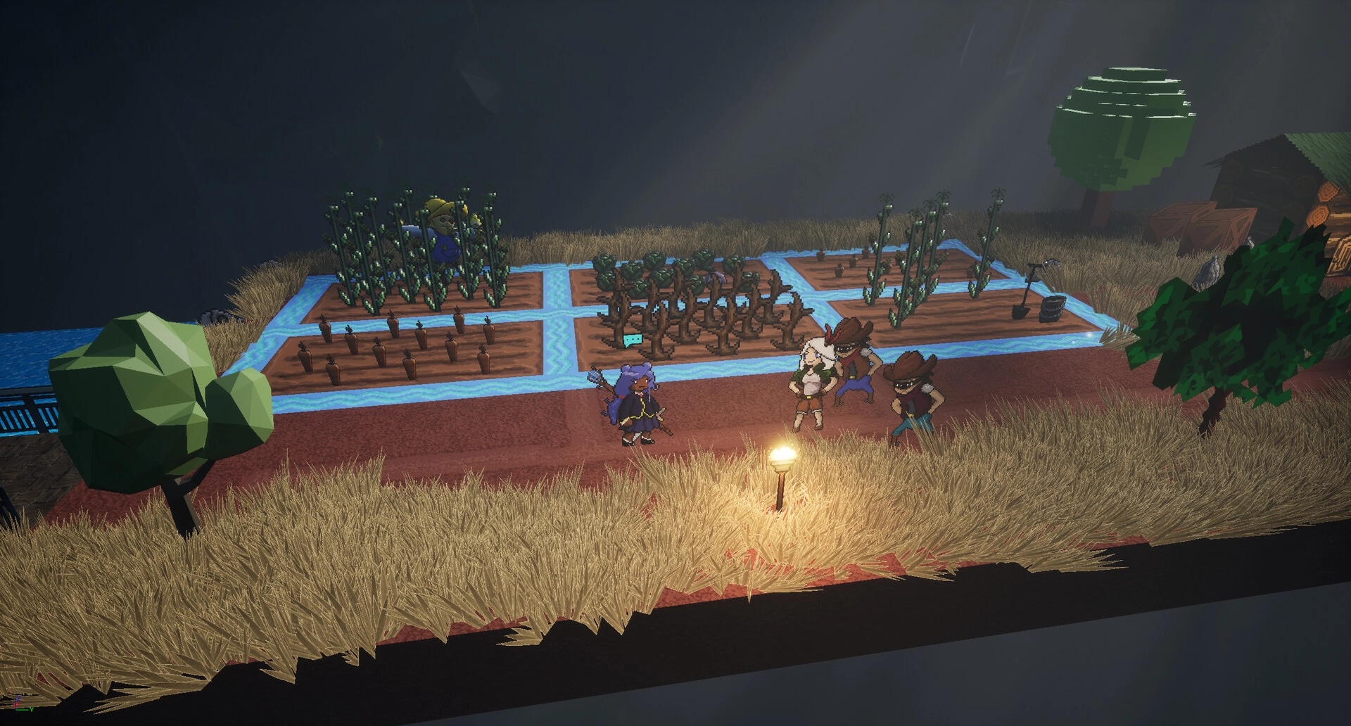 Please: Characters exploring a pixelated farm with crops and trees, illuminated by a street lamp.