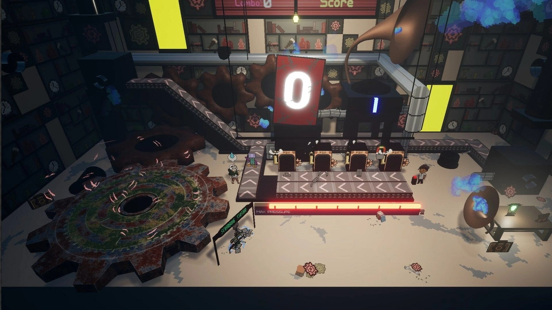 Please: Character navigates gear-filled room with score display and mysterious machinery in the background